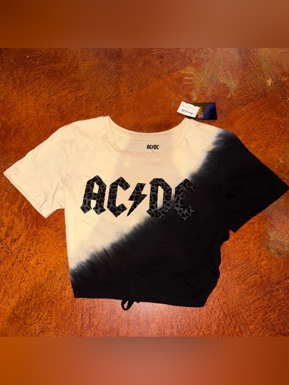AC/DC Woman’s Black & Cream Tie-Dye Crop Tee with Leopard Logo